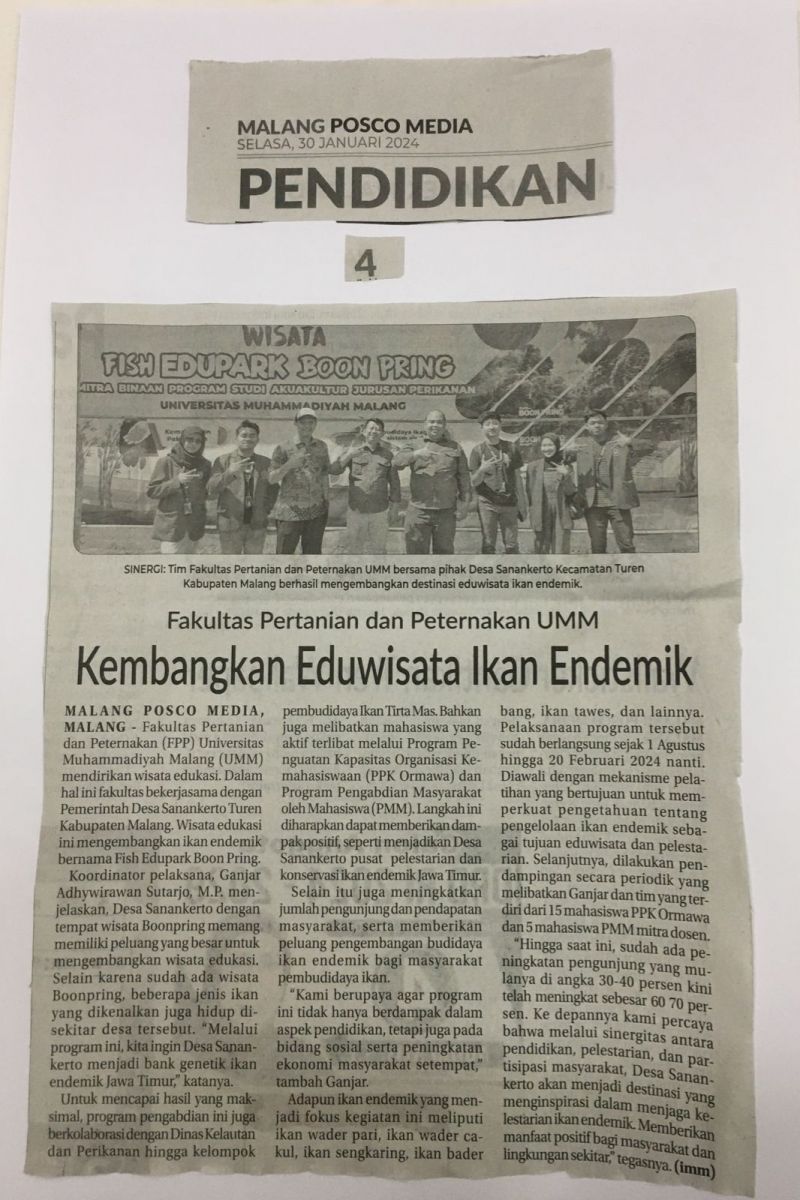 Kembangkan Eduwisata Ikan Endemik - Malang Posco Media - UMM Dalam ...